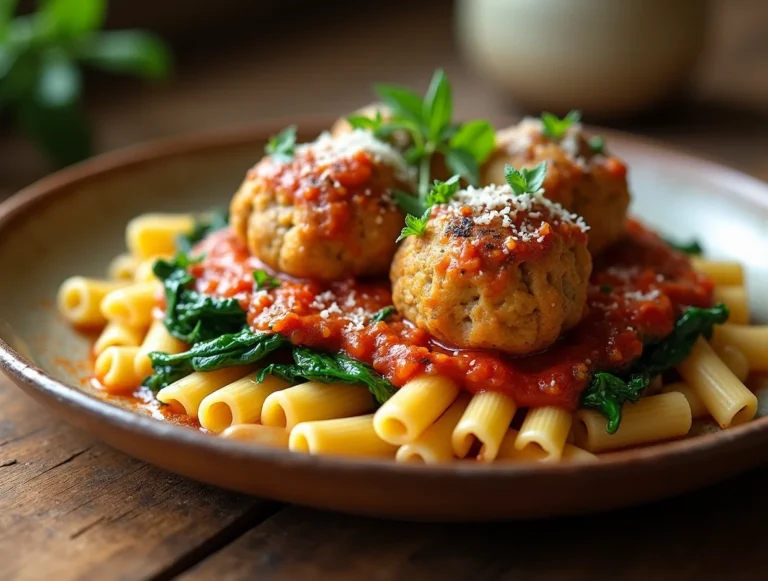Zesty Turkey & Ricotta Meatballs with Garlic Spinach Rigatoni