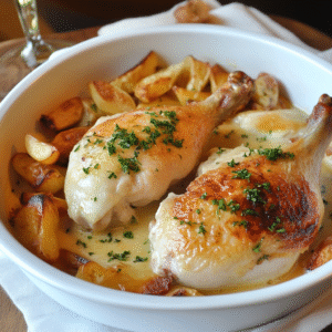 Lire la suite à propos de l’article Cassolette de Poulet au Maroilles et Frites Maison