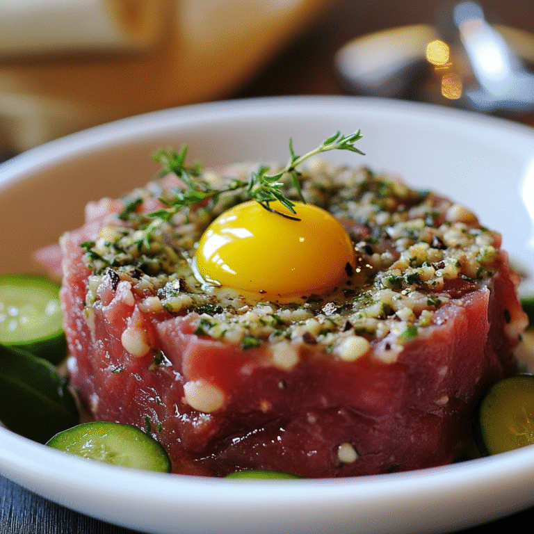 Tartare de Bœuf aux Câpres, Cornichons et Jaune d’œuf Cru